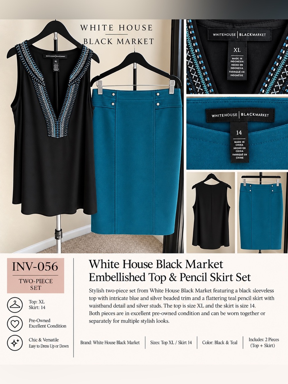White House Black Market Black Embellished Tank & Teal Pencil Skirt